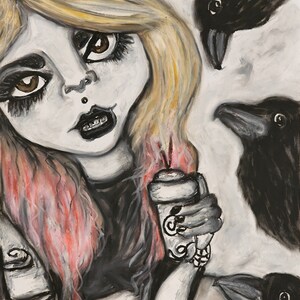 Goth Girl with Mocha and Crows Art Signed Giclee Print Halloween Collectible Signed by Artist Kimberly Helgeson Sams Gothic image 1