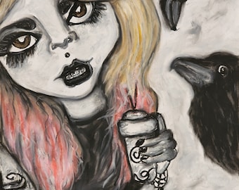 Chica gótica con moca y cuervos Arte firmado Giclee Impresión Halloween Coleccionable firmado por la artista Kimberly Helgeson Sams Gothic