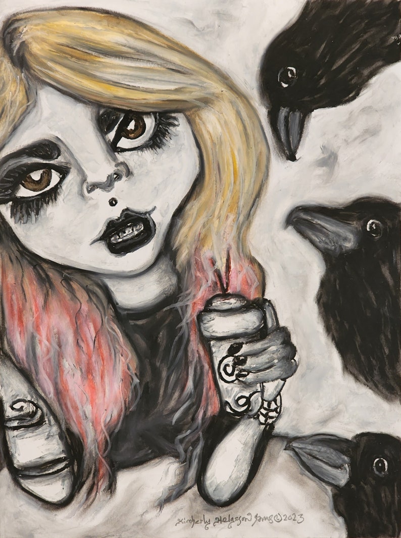 Goth Girl with Mocha and Crows Art Signed Giclee Print Halloween Collectible Signed by Artist Kimberly Helgeson Sams Gothic image 1