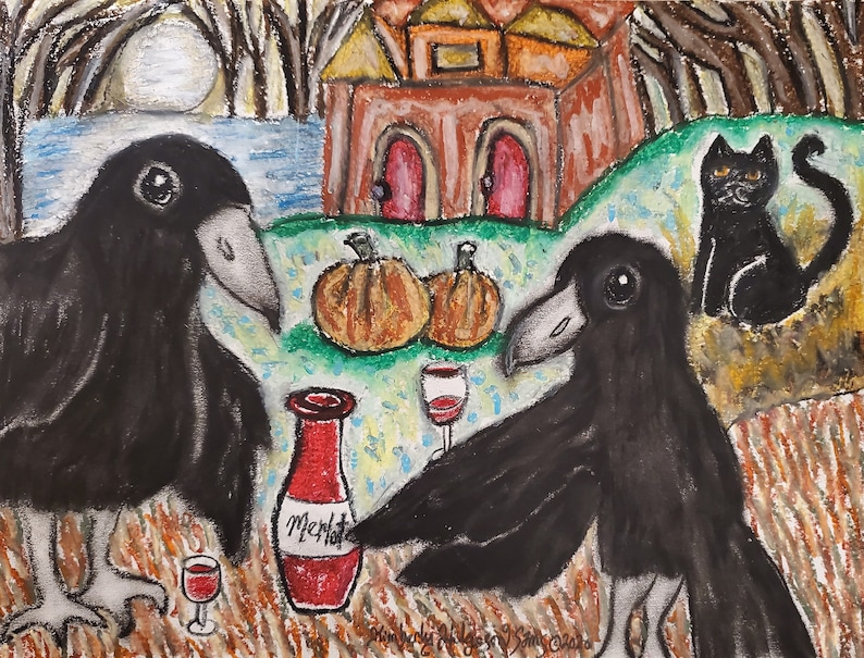Crow drinking Merlot Wine Raven Bird Gothic Art 8 x 10 Signed Giclee Print Collectible Artist Kimberly Helgeson Sams