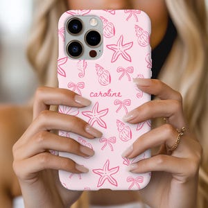 Coque de portable personnalisée plage, coques roses personnalisées et noeuds pour iPhone, Samsung, coque pixel, joli coquillage d'été doodle design, cadeau beachy vibes