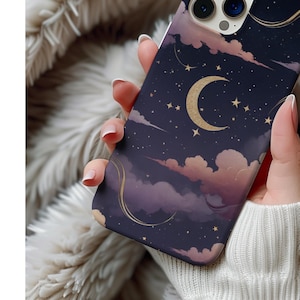 Celestial Moon & Stars Phone Case, Whimsical Starry Cosmic Phone Cover, Phone Casing for iPhone Max Pro 16 15 14 13, Galaxy, Pixel