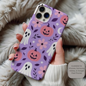 Cute Halloween Phone Case, Floral Ghost Pumpkin Casing, Purple Spooky Season Aesthetic, Protective Cover for iPhone, Samsung & Google Pixel