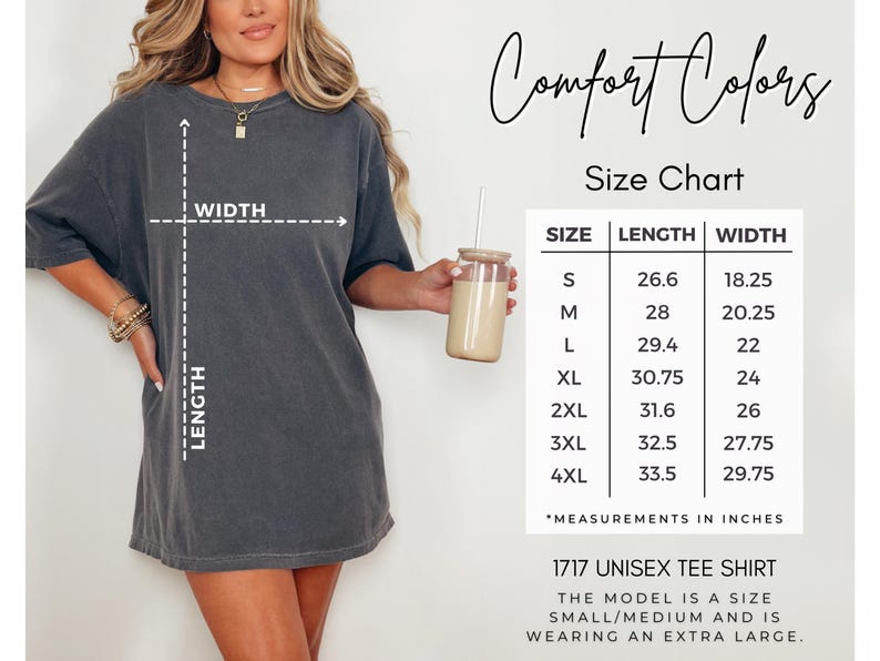 May include: Dark grey unisex tee shirt with a size chart. The shirt has the text "Comfort Colors" and "1717 Unisex Tee Shirt". The size chart shows measurements in inches, with the model wearing an extra large.