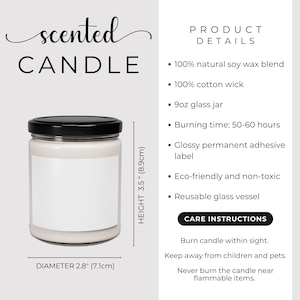 May include: A scented candle in a glass jar with a black lid. The candle is 3.5 inches (8.9cm) tall and 2.8 inches (7.1cm) in diameter. The label is blank. Text on the image includes "scented CANDLE" and product details.