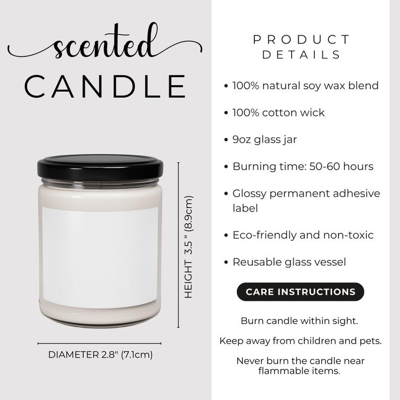 May include: A scented candle in a glass jar with a black lid. The candle is 3.5 inches (8.9cm) tall and 2.8 inches (7.1cm) in diameter. The label is blank. Text on the image includes "scented CANDLE" and product details.