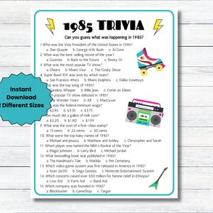 Gioco a quiz del 1985, gioco per la festa del 40° compleanno, gioco per la riunione di classe del 40° anno, attività per la festa di anniversario, gioco a quiz della serata anni &#39;80, curiosità del 1985