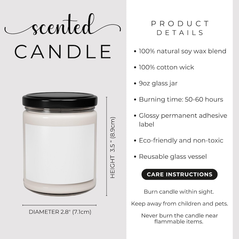 Puede incluir: Una vela perfumada en un tarro de vidrio con tapa negra. La vela mide 8,9 cm de alto y 7,1 cm de di&aacute;metro. La etiqueta est&aacute; en blanco. El texto de la imagen incluye "scented CANDLE" y detalles del producto.