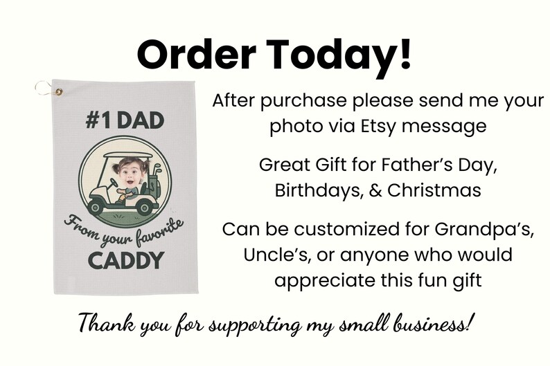May include: A white golf towel with a green golf cart design and the text "#1 DAD From your favorite CADDY".