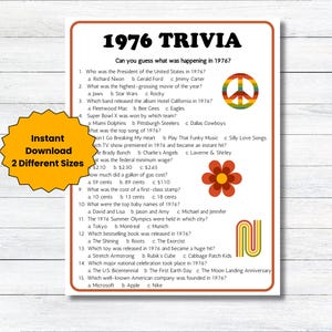 Puede incluir: Una hoja de juego de trivia titulada "1976 Trivia" con preguntas de opción múltiple sobre el año 1976. La hoja tiene un fondo blanco con un borde marrón y gráficos retro decorativos. Incluye el texto "Instant Download 2 Different Sizes."