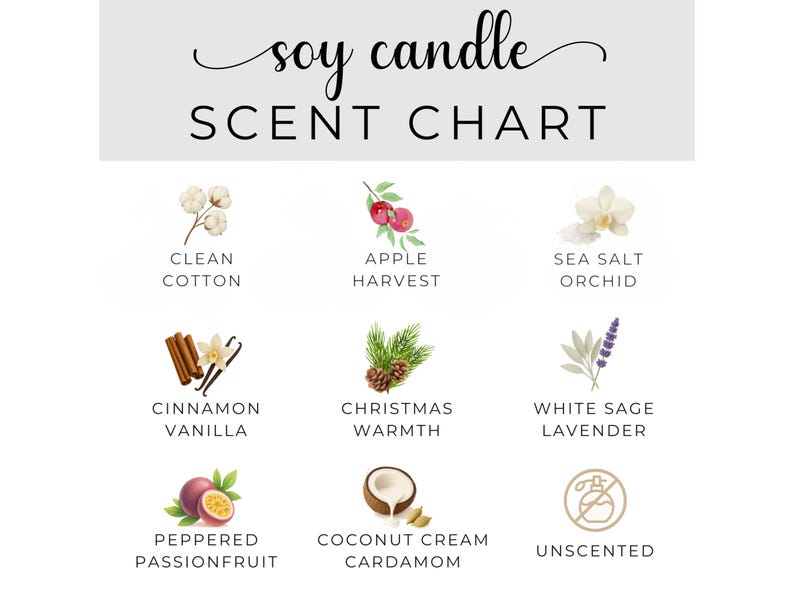 May include: A soy candle scent chart with illustrations of various scents. The chart includes scents like Clean Cotton, Apple Harvest, Sea Salt Orchid, Cinnamon Vanilla, Christmas Warmth, White Sage Lavender, Peppered Passionfruit, Coconut Cream Cardamom, and Unscented.