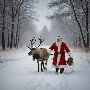 Instant Download | Santa Claus Reindeer Wall Art Print | Forest Snowfall in Winter Printable Christmas Home Decor | Digital Download
