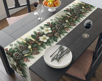 Weihnachtstischläufer, Feiertagsdekor, Wintertabellen-Mittelstück, Weihnachtsdekoration, natürliches rustikales Dekor, Kiefernzapfen und Blumen