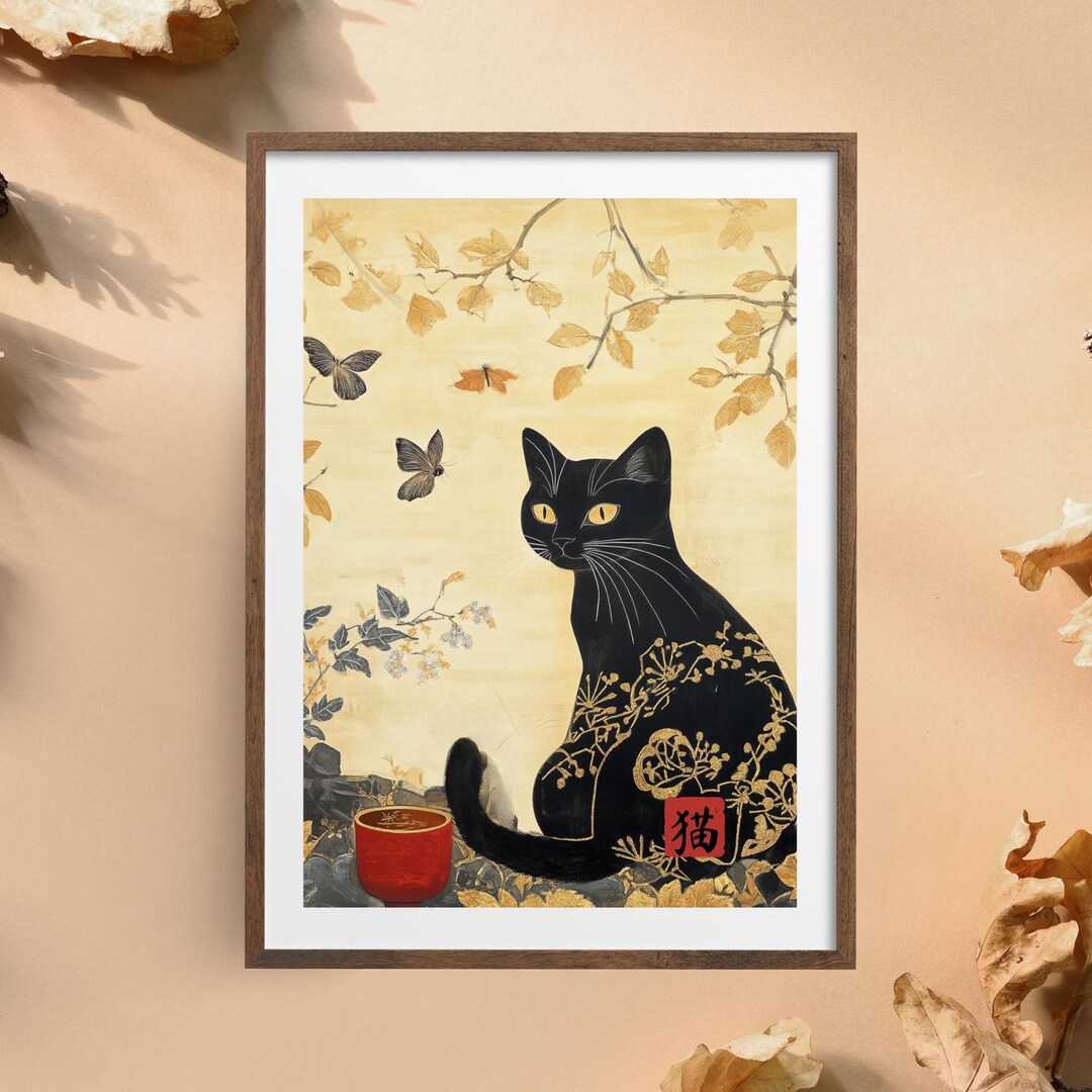 Japanese Ukiyo-e Cat Art Print, Black Cat Wall Art, Wabi-sabi Decor ...