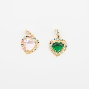 Colorful CZ Heart Pendant – Green & Pink Crystal Charm with Rainbow Border for DIY Jewelry