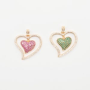 CZ Pave Dangling Heart in Open Heart Frame – 18K Gold Plated Love Pendant for Necklace Making, Pink & Green Options