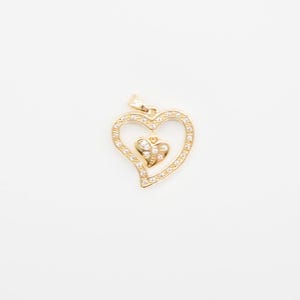 CZ Pave Heart Frame Charm with Dangling Micro Heart Pendant