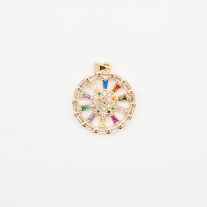 Colorful CZ Pave Round Wheel Charm Pendant – Multicolor  for Necklace Jewelry Making, Gold Plated Openwork Design