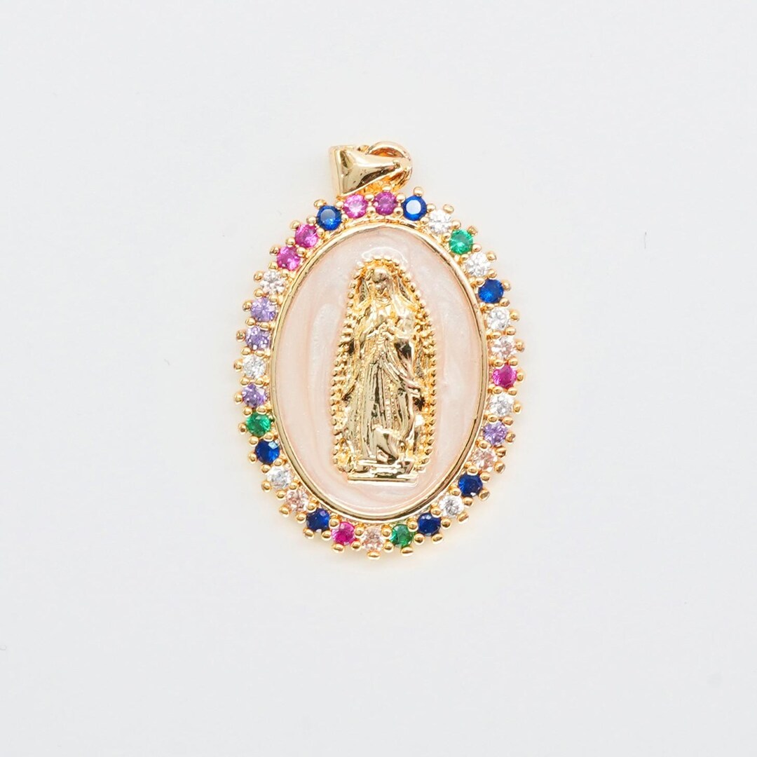 Gold Filled Virgin Mary Pendant – Oval Rainbow CZ With Enamel Backing ...