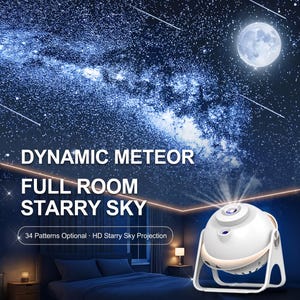 May include: A white spherical projector on a stand, displaying a starry night sky with a moon and meteor streaks on a ceiling. Text reads: DYNAMIC METEOR, FULL ROOM STARRY SKY, 34 Patterns Optional, HD Starry Sky Projection. The device is white.