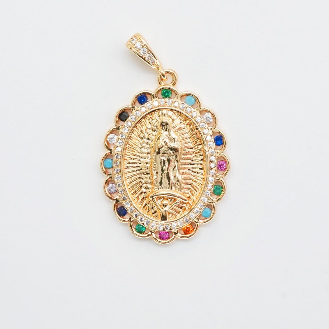 Guadalupe Oval Pendant With CZ Halo – Gold Virgin Mary Religious Charm ...