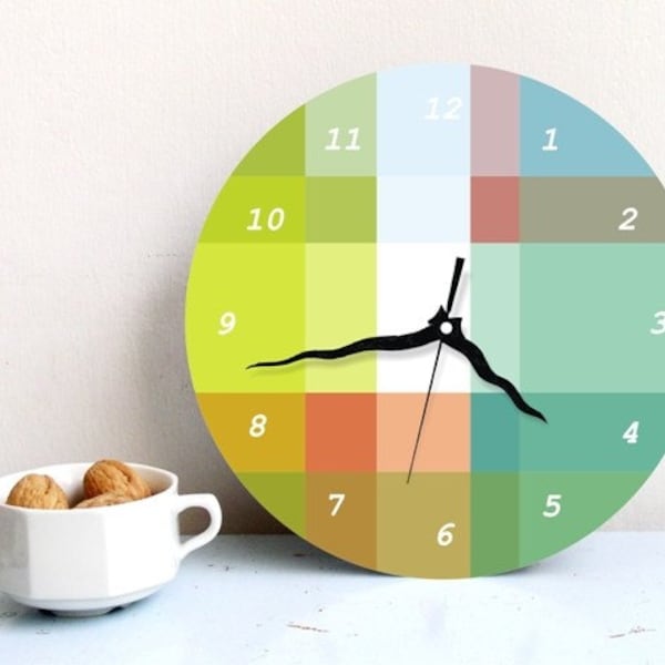 Orologio da parete geometrica di verde turchese pastello, grandi rotondi decorativo stampato orologio moderno di design grafico numeri di fantasia legno