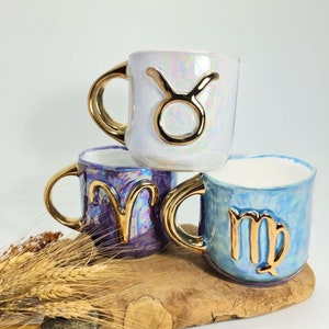 Zodiac Sign Mug Personalized Ceramic Mug Zodiac Ceramic Gift Personalised Zodiac Sign Golden Detail Mug Custom Handmade Ceramic Mug Purple image 1