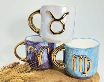 Zodiac Sign Mug Personalized Ceramic Mug Zodiac Ceramic Gift Personalised Zodiac Sign Golden Detail Mug Custom Handmade Ceramic Mug Purple