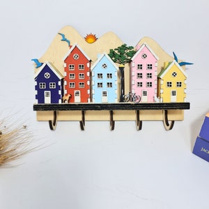 Wooden Key Holder 5 Colorful House Key Hooks Cute Color Wooden Houses 5-Piece Wooden House Handmade Wood Key Holder Christmas Gift