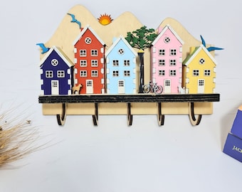 Porte-clés mural en bois 5 crochets de clés avec motifs de maisons colorées mignon porte-clés en bois de couleur ensemble de 5 maisons