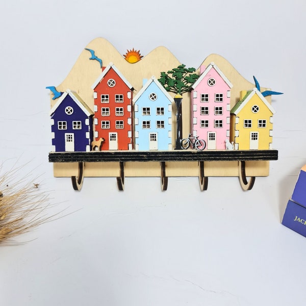 Holzschlüsselhalter für die Wand, 5 bunte Schlüsselhaken mit Hausmuster 5-teiliges Holzhaus, handgefertigte Holz-Wanddekoration für Zuhause