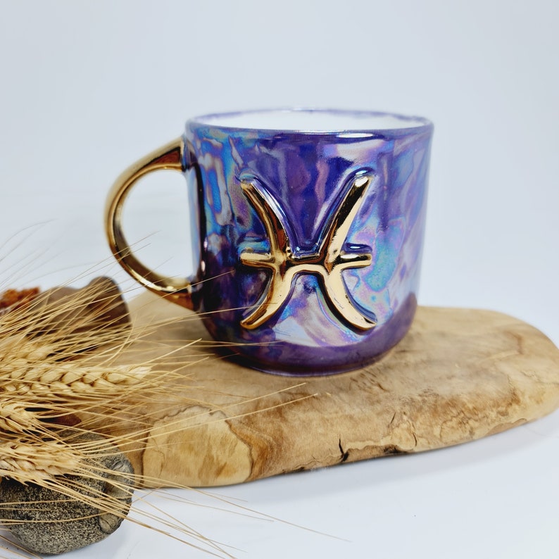 Zodiac Sign Mug Personalized Ceramic Mug Zodiac Ceramic Gift Personalised Zodiac Sign Golden Detail Mug Custom Handmade Ceramic Mug Purple image 5