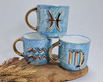 Zodiac Sign Mug Personalized Ceramic Mug Zodiac Ceramic Gift Personalised Zodiac Sign Golden Detail Mug Custom Handmade Mug Turquoise