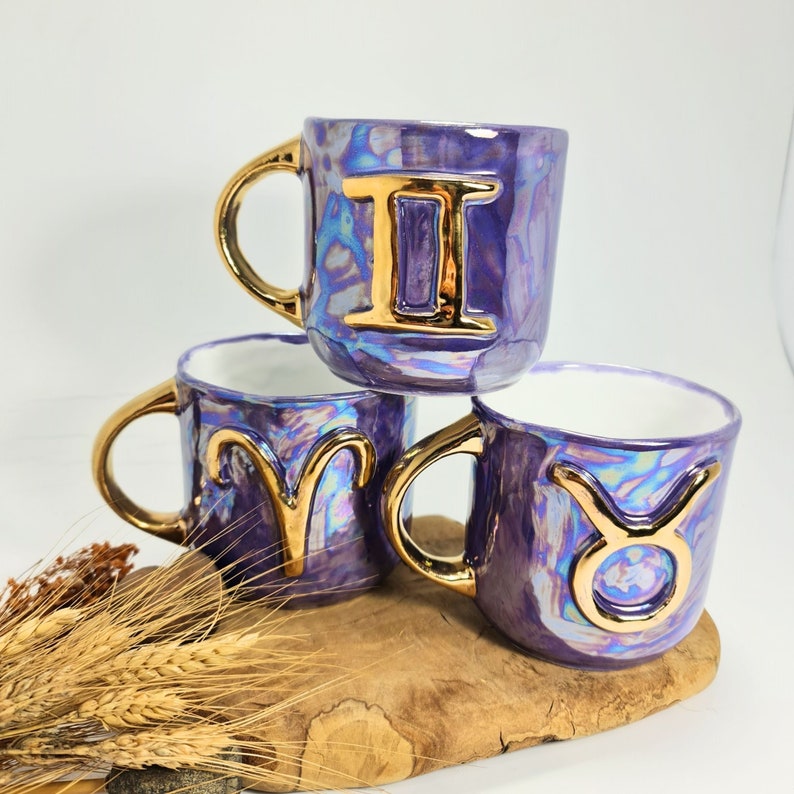 Zodiac Sign Mug Personalized Ceramic Mug Zodiac Ceramic Gift Personalised Zodiac Sign Golden Detail Mug Custom Handmade Ceramic Mug Purple image 2