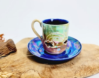 Rainbow Ceramic Handmade Cup and Saucer Set Unique Handmade Cup for Coffee Colored Cups Rainbow Mug Set Mug With Rainbow