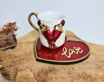 Love Cup with Epoxy Ceramic Heart Detail and Love Coaster Handmade Ceramic Coffee Cup Set Perfect Christmas Present for Coffee Lovers