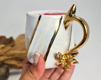 Coffee Cup with Gold Stripes and Cyrstal Handmade Ceramic Coffee Cup Coffe Cup with Crystal Gemstones Gold Stripes Unique Christmas Gift