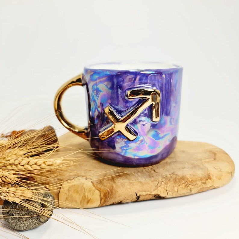 Zodiac Sign Mug Personalized Ceramic Mug Zodiac Ceramic Gift Personalised Zodiac Sign Golden Detail Mug Custom Handmade Ceramic Mug Purple image 3