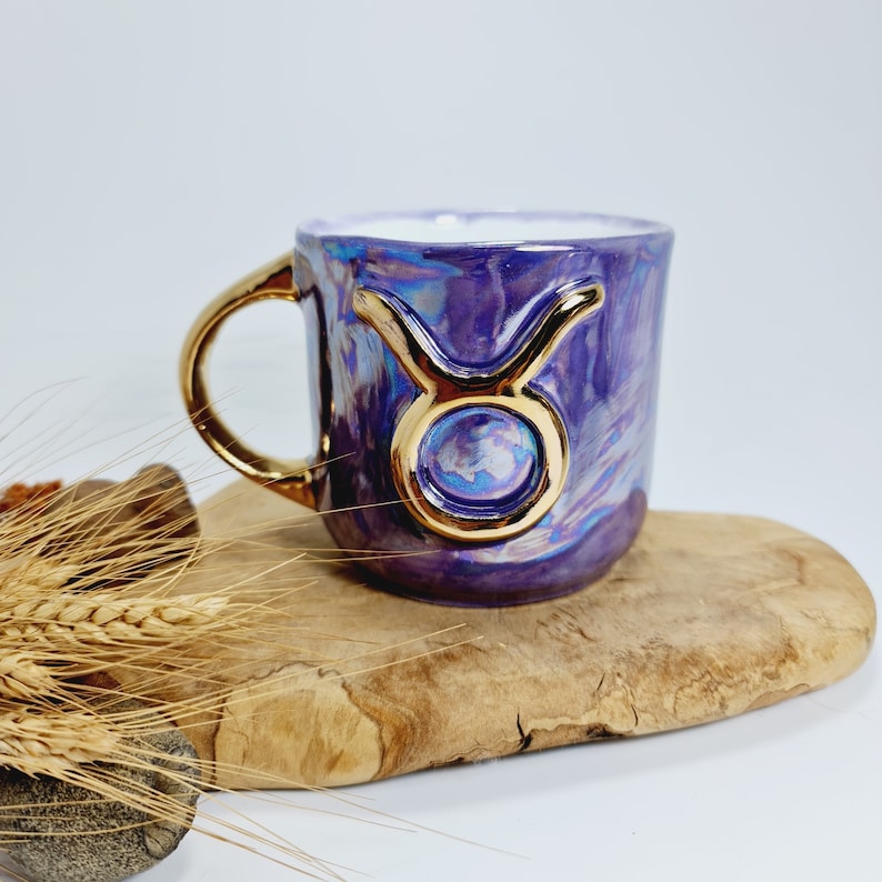 Zodiac Sign Mug Personalized Ceramic Mug Zodiac Ceramic Gift Personalised Zodiac Sign Golden Detail Mug Custom Handmade Ceramic Mug Purple image 9