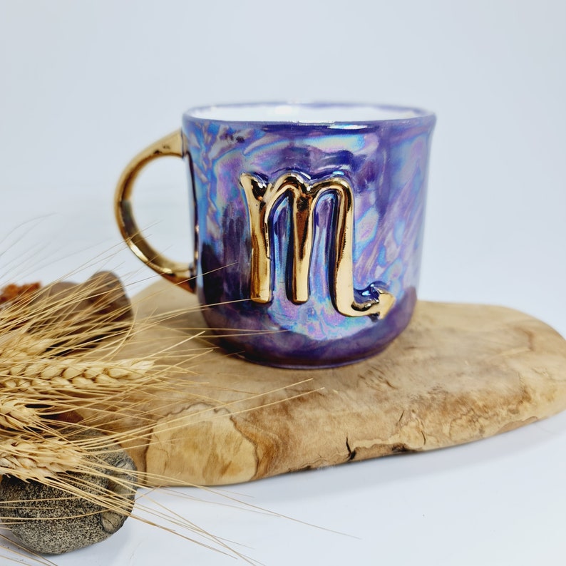 Zodiac Sign Mug Personalized Ceramic Mug Zodiac Ceramic Gift Personalised Zodiac Sign Golden Detail Mug Custom Handmade Ceramic Mug Purple image 8