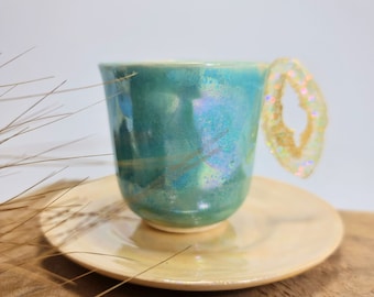 Turquoise Handmade Ceramic Cup with Epoxy Unique Christmas Present Mug  Handcrafted Pottery with Epoxy Art Holographic Cup and Saucer Set