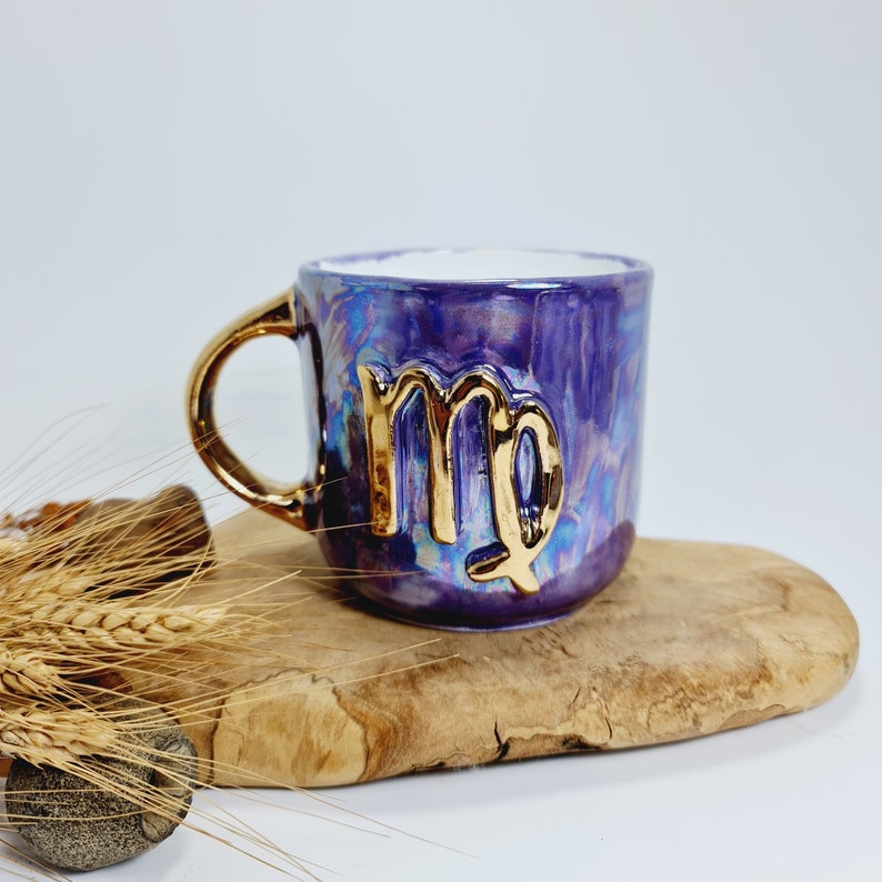Zodiac Sign Mug Personalized Ceramic Mug Zodiac Ceramic Gift Personalised Zodiac Sign Golden Detail Mug Custom Handmade Ceramic Mug Purple image 6