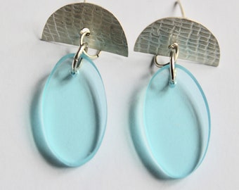 Handmade Sterling Silver and Blue Acrylic Dangle Earrings, blue earrings, modern earrings, contemporary earrings,