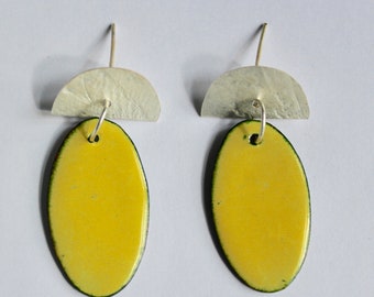 Yellow Enamel and Textured Silver Earrings, handmade enamel earrings