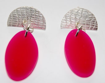 Hot Pink Acrylic and Silver Handmade Earrings, modern earrings, acrylic earrings, contemporary earrings, handmade earrings, pink earrings