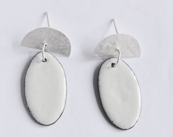Ivory Enamel and Textured Silver Earrings, handmade enamel earrings, silver and copper earrings, white earrings, contemporary earrings