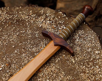 Engraved Wooden Sword | Real Ash Wood LARP Short Sword | Medieval Prop Cosplay & Display