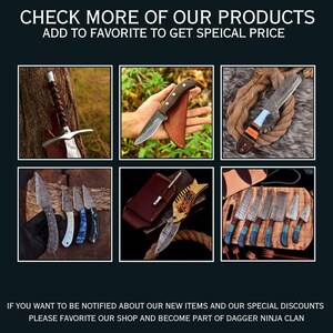 Puede incluir: Una colecci&oacute;n de cuchillos, que incluye una espada, un cuchillo de caza y un juego de cuchillos m&aacute;s peque&ntilde;os. Los cuchillos se muestran en una variedad de superficies, incluyendo madera, cuero y cuerda. El texto "CHECK MORE OF OUR PRODUCTS ADD TO FAVORITE TO GET SPECIAL PRICE" se muestra en la parte superior de la imagen. El texto "IF YOU WANT TO BE NOTIFIED ABOUT OUR NEW ITEMS AND OUR SPECIAL DISCOUNTS PLEASE FAVORITE OUR SHOP AND BECOME PART OF DAGGER NINJA CLAN" se muestra en la parte inferior de la imagen.