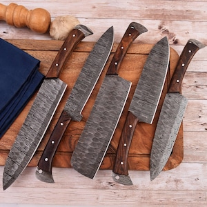 Damascus Steel Chef Set | Handmade Kitchen Knives | Chef Knife with Leather Roll | Damascus Cooking Knife |  BBQ Knife Set | Wedding Gift