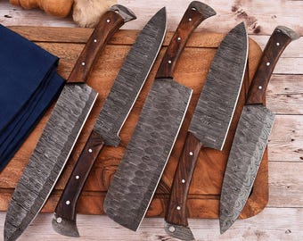 Damascus Steel Chef Set | Handmade Kitchen Knives | Chef Knife with Leather Roll | Damascus Cooking Knife |  BBQ Knife Set | Wedding Gift